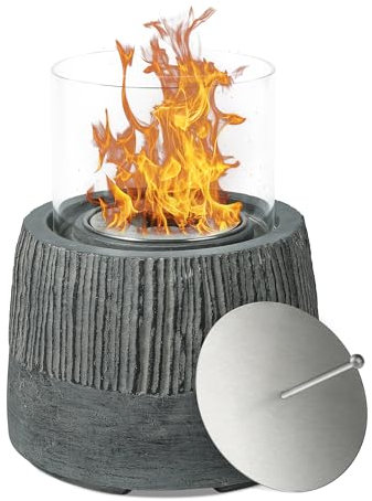 VOSSMOON Tabletop Fire Pit, Bioethanol Table Top Fire Bowl, Portable Round Fireplace indoor or Outdoor, Concrete Table Top Patio Heater Ethanol Burner with Tempered Glass for Potluck or Camping, Black