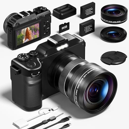 Digital Camera, 5K 64MP Cameras for Photography with WiFi, 64GB Card 18X Digital Zoom, Autofocus, Selfie 3 LCD Screen Compact Vlogging Camera for Youtube, Wide & Macro Lens for Beginners Adults
