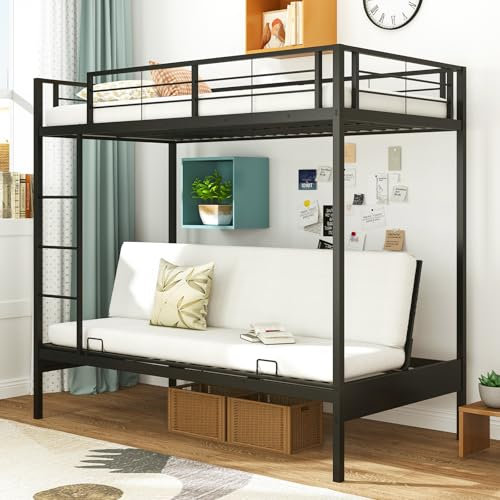 COSTWAY Metal Bunk Bed, Convertible to Sofa Couch, Single over Single Loft Bed Frame with Ladder and Safety Guardrail, Space-Saving Bedroom Dorm Twin High Sleeper Beds for Kids Teens Adults, Black