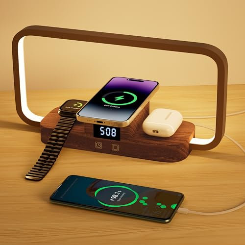 Hottoerak Bedside Lamp with Wireless Charger, Night Light with USB Port, 5 Color Modes & Stepless Dimming & Time Display Touch Lamps Bedside Light for Bedroom(Brown)