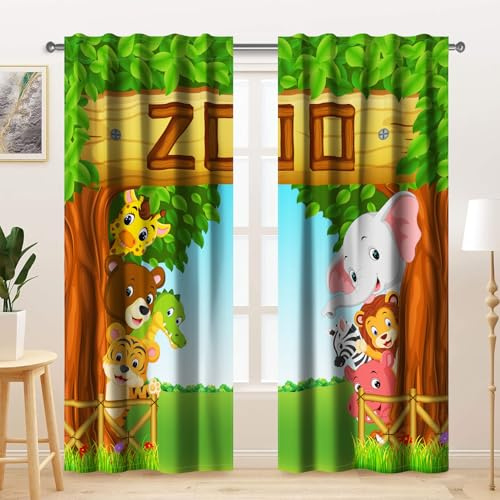 Kzzfqxb 107x160cm Kindervorhänge 2 Paneele, Grüne Wald Tiere Elefant Löwe Giraffe Zoo Vorhänge, Süßes Karikatur Dekor für Kinder Jungen Mädchen Schlafzimmer Kinderzimmer Wohnzimmer