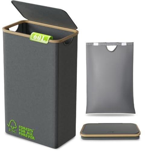 DOKRVLOQ 60L Wäschekorb Schmal mit Deckel – Schlanker faltbarer Wäschesammler aus Bambus, Laundry Basket waschbare Innentasche & Tragegriff für Wohnung/Wohnheim/Camping (Grau)