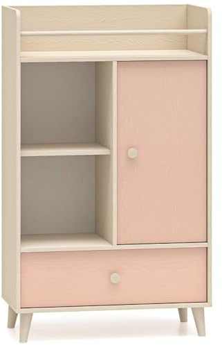 Lomadox Kinderzimmer-Regal in Sandbeige mit rosa 80 cm Breite, mit Tür & Schublade Sideboard Schrank Softclose modern