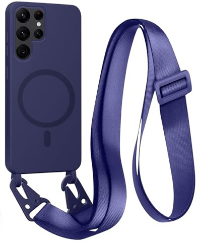 FMPCUON Magnétique Coque avec Cordon pour Samsung Galaxy S24 Ultra, [Compatible avec MagSafe] TPU Bumper Silicone Etui Housse avec Cordon Réglable Lanyard Case,Bleu