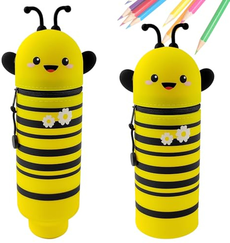 Radianeroryi 2-in-1 Weiche Silikontasche, Kawaii Federmäppchen, mit Reißverschluss, Kann Stehen, Stiftetui aus Silikon, Bienen-Bleistifthalter, Tischstifthalter, Niedlicher Federtasche (Gelb)