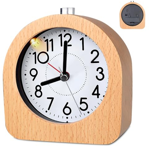 SUNOYA Analog Holz Wecker mit Snooze, Wecker Analog Ohne Ticken, Nachttisch Tischuhr mit Nachtlicht, Retro Holzwecker, Leise Tischuhr ohne Ticken für Büro, Schlafzimmer, Arbeitszimmer