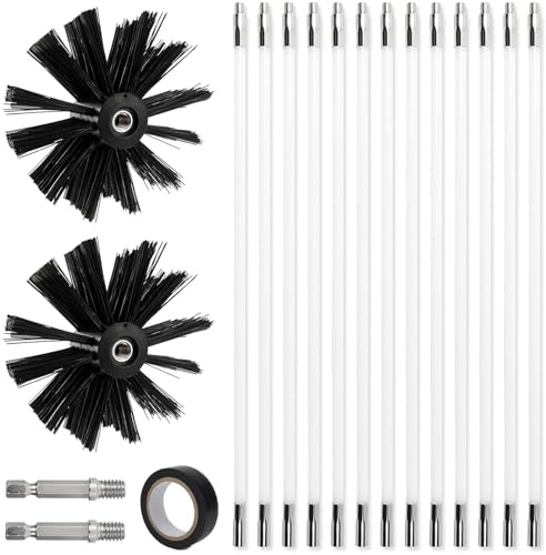 Kaminbürste Stange Set, Ø150mm Schornsteinfeger Bürste Stange Set mit 12 Flexible Stangen 410mm und 2 Bürstenköpfen, Nylon Ofenrohrbürste, Reinigungsbürste für Kamin, Rohre, Trockner, Vent