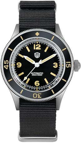 watchdives Reloj de buceo para hombre, estilo vintage, WD50, Fathoms, NH35, NH38, 40 mm, cristal curvado, resistente al agua, 300 m, esfera negra con correa de nailon