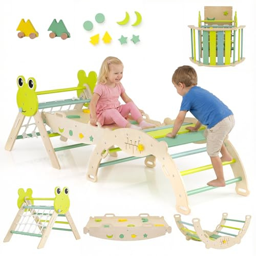 COSTWAY Klettergerüst Indoor 3er Set, Frosch Sprossendreieck Kalppbar | Kletterdreieck mit Rutsche, Kletterbogen, Netz, inkl. doppelseitige Rampe, Baustein Set & 2 Autos, für Kinder ab 1 Jahr