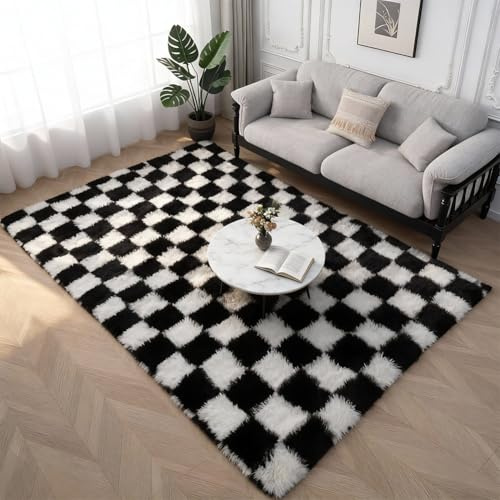 DASIAUTOEM Tapis de salon, 140 x 200 cm, à poils longs, à carreaux, antidérapant, lavable, extra large, moelleux, pour chambre à coucher, chambre d'enfant, salle à manger, salon de thé, noir et blanc