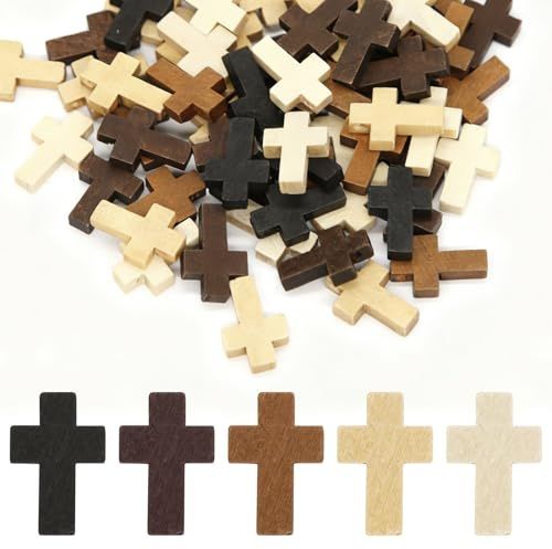 CYUXING 100Pcs Mini Wooden Crosses, Small Wooden Crosses Five Colors, Natural Small Pocket Decorations for Making Necklaces & Bracelets Christian Gift for Children & Adults