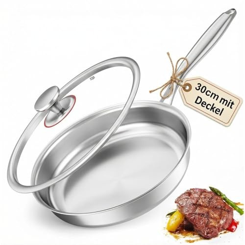 Yigowyigo Edelstahlpfanne 30 cm mit Deckel, Edelstahl Pfanne Unbeschichtet PFOA-frei, 3 Lagige Edelstahl Bratpfanne, Stainless Steel Pan Induktion für alle Herdarten Ofenfest Spülmaschinenfest