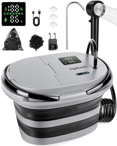 Tipkook Doccia Portatile, [2 in 1-13000mAh] Doccia da Campeggio Integrata con Secchio, Ricaricabile USB, Secchio Pieghevole da 20L, Kit Doccia per Animali, Emergenze Spiaggia Giardino Lavaggio Auto