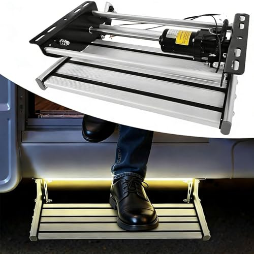 TONGDAJINBAO Marchepied Électrique avec Éclairage LED,Marche en Aluminium pour Caravane, Échelle Extensible Et Pliable pour Camping-Car, Fourgon Aménagé, Caravane Ou Caravane(24V,Single Layer Step)