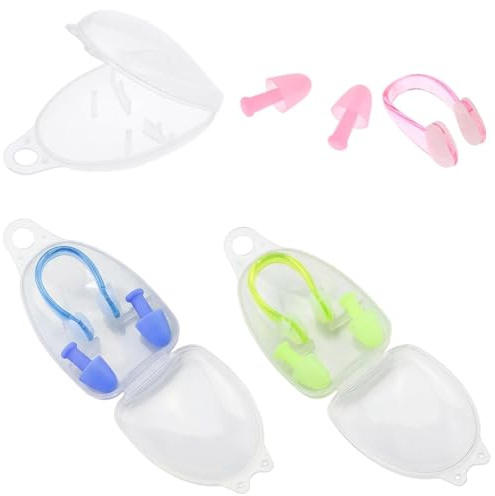 JYXNU Pack de 3 Juegos de Tapones para Oídos y Pinzas para la Nariz de Natación, Silicona Suave y PC, Kit de Protección Impermeable para Adultos y Niños, Incluye Estuches, Colores Rosa Azul y Verde