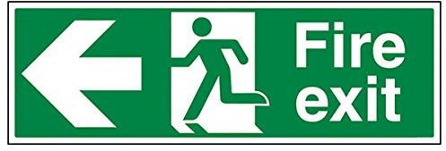 V Safety Fire Exit Arrow Left Sign - Landscape - 450mm x 150mm - 1mm Rigid Plastic, Green