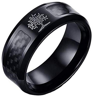 HIJONES Homme Acier Inoxydable Fibre De Carbone Inlay Arbre De La Vie 8mm Bande Bague Noir Taille 65