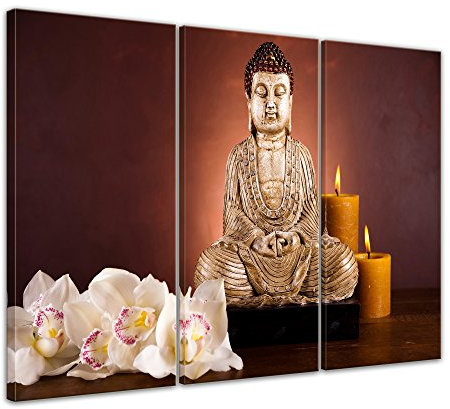 Wandbild Buddha IV - 90x60 cm quer mehrteilig Leinwandbilder Bilder als Leinwanddruck Fotoleinwand Geist & Seele - Buddhaskulptur mit Blüten und Kerzen