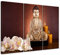 Wandbild Buddha IV - 90x60 cm quer mehrteilig Leinwandbilder Bilder als Leinwanddruck Fotoleinwand Geist & Seele - Buddhaskulptur mit Blüten und Kerzen