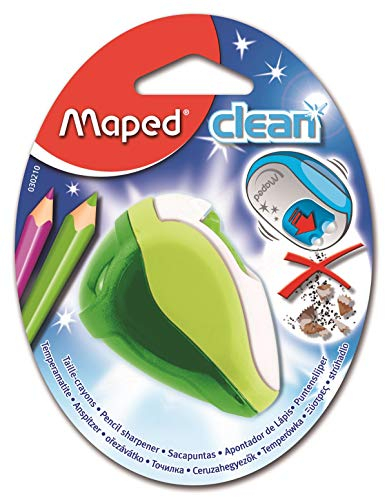 Maped - Anspitzer CLEAN für 2 Stiftgrößen inkl. Auffangbehälter - grün - Schutzdeckel über den Klingen - automatisches Schließen - für dünne Stifte Ø < 8 mm/für dicke Stifte Ø < 11 mm