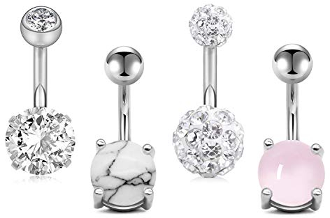 JFORYOU 4 Pcs Anneau de Nombril Piercing au Nombril 14G Acier Inoxydable Faux Cristal CZ Clou Ombilical pour Femmes Homme Filles Bijoux de Corps Ventre Barre 8mm