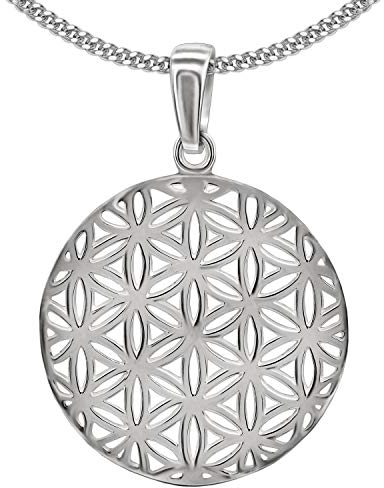 CLEVER SCHMUCK Halskette Blume des Lebens Anhänger rund Ø 25 mm Kette Panzer 50 cm Sterling Silber im Schmucketui