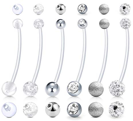 D.Bella Schwangerschaft Bauchnabelpiercing mit Ersatzkugeln 38mm Flexible Bioplast Schwangerschaft Bauchnabel Piercing für Frauen 14G