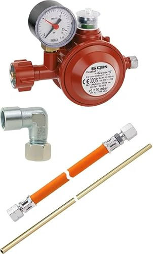 BOGAPRO Gasdruckregler 50 mbar Set für Herd oder Ofen mit Niederdruckschlauch 40 cm lang, Stahlrohr 40 cm lang, 90° Winkel. inkl. Polybeutel und Lecksuchspray