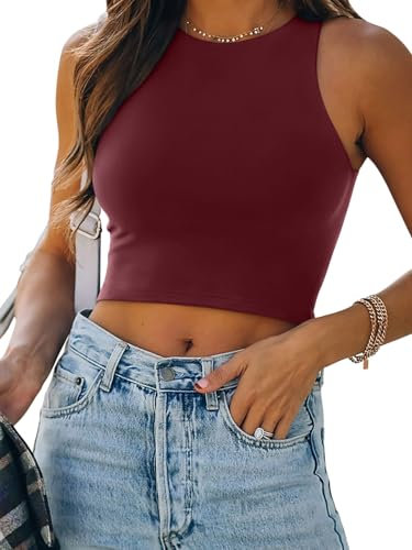 REORIA Butsmooth Donne Senza Maniche Halter Collo Doppio Foderato Casual Basic Crop Canotte, Borgogna, L