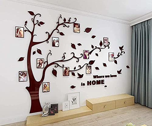 3D Tree Wall Sticker DIY Stickers Brown Acrylic Photo Frame Trunk Curved Branches Wall Art for Kids Room Family Decoration Living Room Background Wallpaper Green Leaves