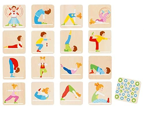 goki 56647 - Memospiel Activity Gymnastik Holz, Erinnerungsspiel Klassiker mit Sportmotiven, Paare Finden, Fördert Gedächtnis & visuelle Wahrnehmung und Koordination der Kinder, 32-er Set, ab 3 Jahr