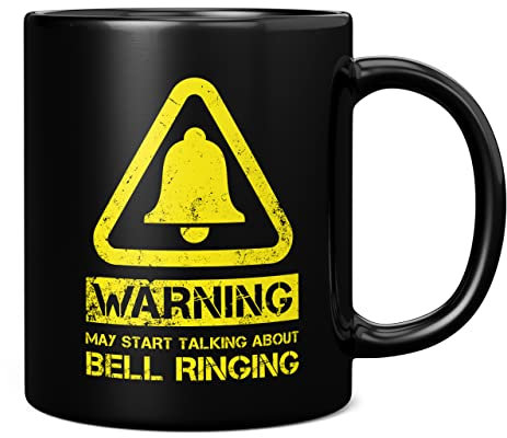 Mug Monster - Warning May Start Talking About Bell Ringing Funny Gift Mug - Ceramic Coffee Cup, Gift for Men or Women, Extra Large and Giant Available, 11oz Black