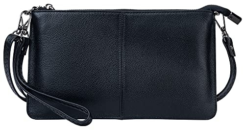 Bveyzi Genuine Leather Wristlet Purses for Women, Envelope Clutch Wallet Small Crossbody Bags for Dressy Evening (Black)