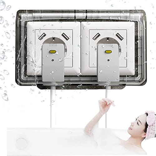 Type 86 Cache Prise Etanche Electrique Murale, 20.7x12.7x8cm Double Prise Electrique de Courant Etanche, Autocollant Prise Couvercle Interrupteur avec Serrure, pour Salle de Bain et cuisine