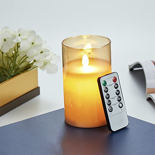 LED Kerzen, Flammenlose Kerzen Flackern, LED Kerzen Flackernde Flamme mit Glas, LED Kerzen mit Fernbedienung, Echtwachssäule Kerzen, Batteriebetriebene LED Kerzen mit 24 Stunden Timer-10cm Braun