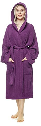 Arus Accappatoio da donna con cappuccio, lunghezza al polpaccio, 100% cotone spugna, S-M, Prugna