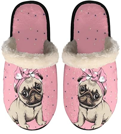 COEQINE Damen Herren Bequeme Baumwoll-Hausschuhe mit Memory-Schaum und rutschfester Sohle, Größe XS-XL, Rosa Mops, Small