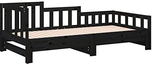 Tidyard Tagesbett Ausziehbar Sofa Gästebett Sofabett Bett Bettsofa Schlafsofa Lattenrost Ausziehbett Holzbett Bettgestell Schwarz 2X(90 x 190 cm (B x L) Massivholz Kiefer Schwarz
