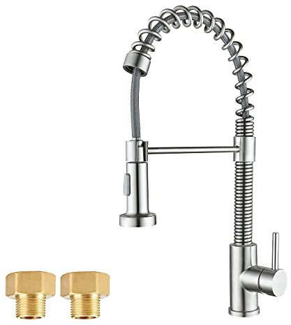 Kitchen Taps Pull Out Spray, Kitchen Sink Mixer Tap Pull Down Dual Modes Sprayer, MCADYS Brushed Steel Kitchen Tap, High Arc Single Lever Kitchen Sink Tap (MFK04001SS-A)