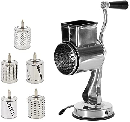 Râpe à tambour en aluminium - En acier inoxydable - Mandoline manuelle - Râpe à pommes de terre - Râpe à fromage avec manivelle et 5 tambours - Pour légumes, oignons, carottes, noix