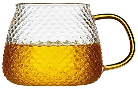 URMAGIC Tasse à café vintage avec poignée dorée, 1 tasse en verre gaufré de 236ml tasse à thé, tasse à café en verre, tasses à petit-déjeuner, verres transparents pour latte,cappuccino, boissons