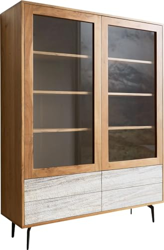 DELIFE Glasschrank Kleo Akazie Natur 115x150 cm 2 Türen 4 Schübe Winkelfuß Metall Schwarz