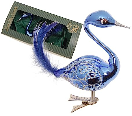 Krebs Glas Lauscha - Weihnachtsbaumdekoration - Glas-Schwan - Farbe: Blau - Größe: 9 cm + 5 cm Echtfeder