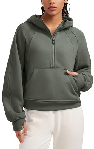 CRZ YOGA Felpe con Cappuccio a Mezza Zip da Donna Foderate in Pile con Fori per i Pollici Verde Militare Chiaro 44