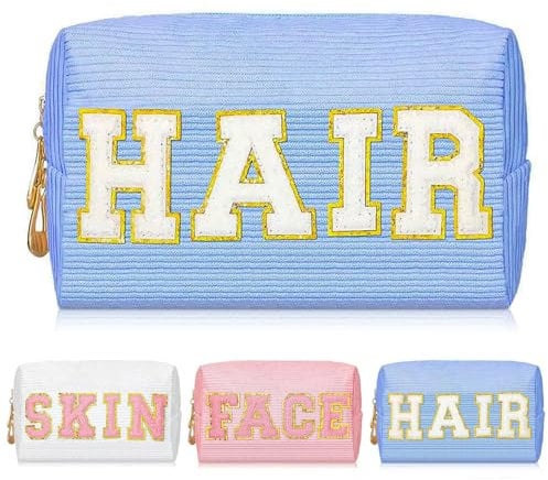 Yoolly Cosmetic Bags for Women, Corduroy Makeup Bag, Chenille Letter Organizer Skin Care Bag, Portable Makeup Pouch with Metal Zipper for Travel Toiletry Girls Gift (Hair-Blue)