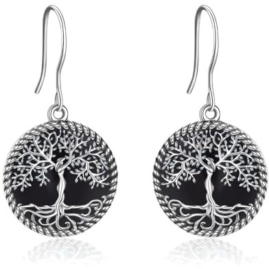 YAFEINI Baum des Lebens Sterling Silber Ohrringe - Baumelnde Ohrringe Schmuck für Frauen Mädchen - Weihnachtsgeschenke (Schwarzer Onyx)