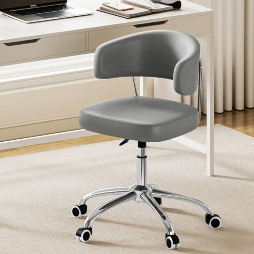 BELIWIN Swivel Faux Leather Office Chair, Height Adjustable Ergonomic Desk Chair, Armless Vanity Chair for Office Bedroom Beauty Salon, Grey
