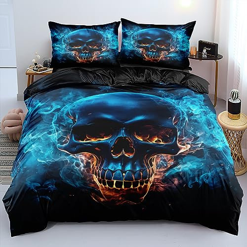 DXHOME Skull Bettwäsche 135x200 4teilig Schwarz Blaue Flamme 3D Digitaldruck Bettwäsche Totenkopf Weiche Mikrofaser Teenager Halloween Bettbezüge mit Reißverschluss und 2 Kissenbezügen 80×80 cm