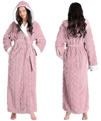 Oksun Womens Long Dressing Gown Robe Full Length Ladies Fluffy Plus Size Fleece Hooded Winter Warm Bathrobe (Pink, L)