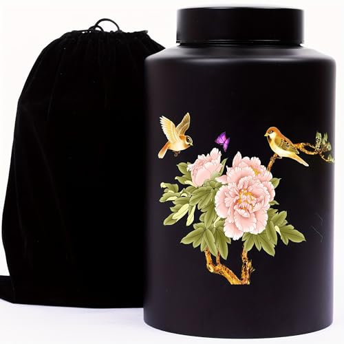 Cremation Black Urn,Memorial Floral Hummingbird Urn,Large Adult Burial for Male-Female Ashes,Family Sharing Storage,Cemetery Burial or Niche with Black Velvet Bag